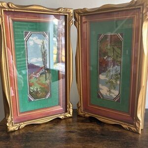 Vintage| Antique Gold Framed Landscape Art Petit Point Needlepoint Pair 11 x 6”